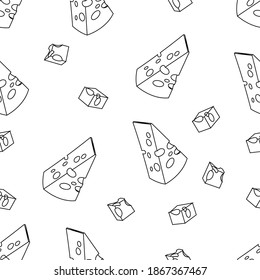 Contour seamless pattern of yellow cheese with holes. Vector illustration isolated on white background. Texture for fabrics, textiles, menus, packaging, website, etc.