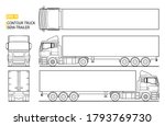 Contour semi trailer truck vector for coloring book. Isolated lorry, blank space. Line drawing of a cargo vehicle; semi-trailer on white background. View from side, front, back, top.  Vector EPS-10.