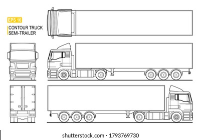 Contour semi trailer truck vector for coloring book. Isolated lorry, blank space. Line drawing of a cargo vehicle; semi-trailer on white background. View from side, front, back, top.  Vector EPS-10.