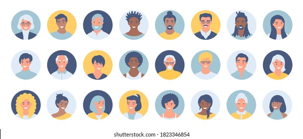 Contour set of  avatars, people heads of different ethnicity and age in flat style. Multi nationality social networks line people faces collection.