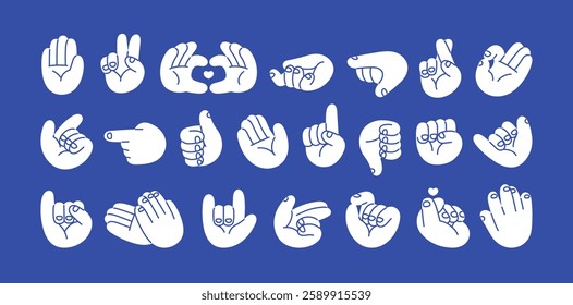 Contour set of different hand gestures. Symbols of peace, victory, love, OK in doodle style. Human palms pointing with index finger, thumbs up, show sign of heart. Flat isolated vector illustrations