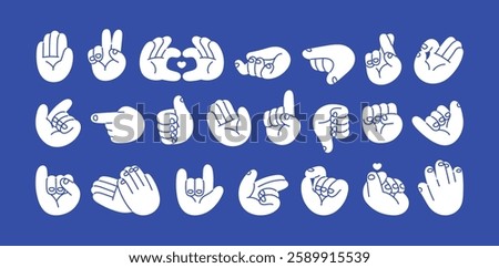 Contour set of different hand gestures. Symbols of peace, victory, love, OK in doodle style. Human palms pointing with index finger, thumbs up, show sign of heart. Flat isolated vector illustrations