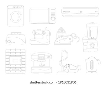 Contour set with electrical appliances and appliances for the kitchen and bathroom. Cleaning and cooking. Vector illustration in a flat style. EPS10