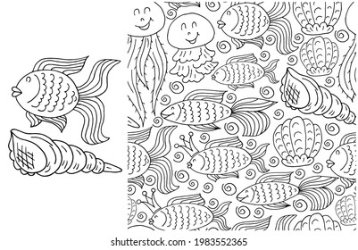 Contour Set of element and seamless pattern. ideal for children's clothing. Fishes, seashells and marine background
