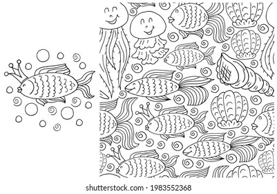 Contour Set of element and seamless pattern. ideal for children's clothing. Fish queen and background with marine elements