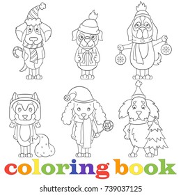 Contour set of illustrations with funny cartoon dogs on the topic of new year and Christmas, book coloring,a dark outline on a light background