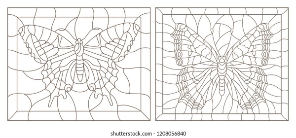 Contour set of illustrations of stained glass with butterflies , dark outline on a white background