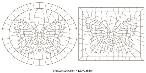 Contour set of illustrations of stained glass with butterflies , dark outline on a white background,rectangular and oval image