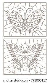 Contour set of illustrations of stained glass with butterflies , dark outline on a white background
