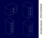 Contour set Office filing cabinet flat icon. Clipart image isolated on blue background. Isometric view