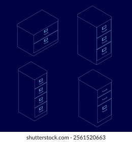 Contour set Office filing cabinet flat icon. Clipart image isolated on blue background. Isometric view