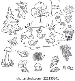 Contour set on a white background on a theme of autumn animals, trees, mushrooms, leaves