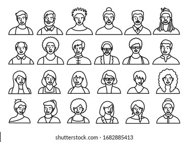 Contour set of persons, avatars, people heads of different ethnicity and age in flat style. Multi nationality social networks line people faces collection.