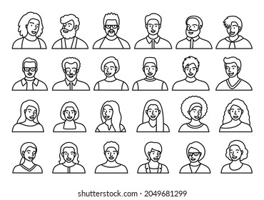 Contour set of persons, avatars, people heads of different ethnicity and age in flat style. Multi nationality social networks line people faces collection.