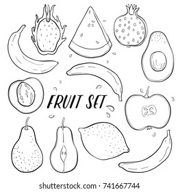 Contour Set of vector fruits for design of coloring pages, watermelon, pear, avocado, apple, lemon, banana, peach, mangosteen