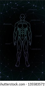 contour shape human body anatomy neon hologram projected at black background , sci fi interface design element , vector illustration