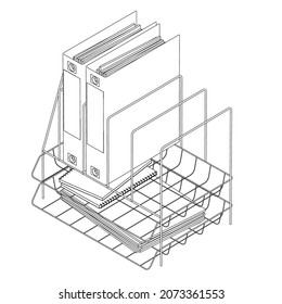 Contour of a shelf with folders with documents from black lines isolated on a white background. Office documents. Isometric view. Vector illustration