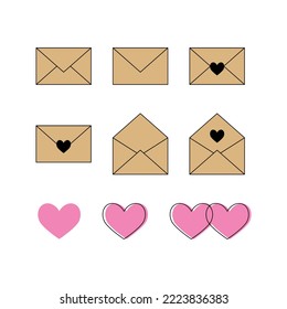 Contour signs, symbols and buttons for online communication, dating site, virtual love, online messages - letters, envelopes and hearts vector outline icons, line art. Set colored line icons. 