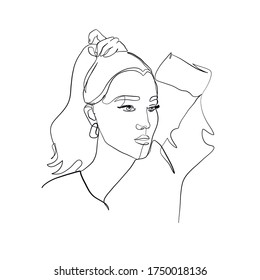 Contour of silhouette of female head with lips, eyes, nose and hair. Continuous one line. Beauty portrait of model woman. Linear glamour  logo in minimal design of cosmetic, beauty salon, skin care