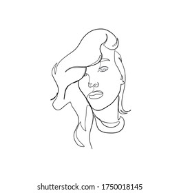 Contour of silhouette of female head with lips, eyes, nose and hair. Continuous one line. Beauty portrait of model woman. Linear glamour  logo in minimal design of cosmetic, beauty salon, skin care