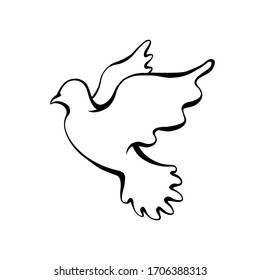 Contour silhouette of a flying dove on a white background. Religious symbol. Outline illustration for logos, icons and your creativity.