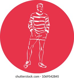 Contour silhouette of handsome fashionable man at full length. Standing person in casual fashion clothes. 
Vector hand drawing logo. 