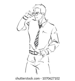 Contour silhouette of handsome fashionable man at full length. Standing person in casual fashion clothes. 
Vector hand drawing logo. 