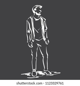 Contour silhouette of handsome fashionable man at full length. Standing person in casual fashion clothes. 
Vector hand drawing logo. 