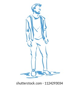 Contour silhouette of handsome fashionable man at full length. Standing person in casual fashion clothes. 
Vector hand drawing logo. 