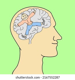 Contour silhouette of a man. The brain is bursting with cheerful mood. Vector illustration