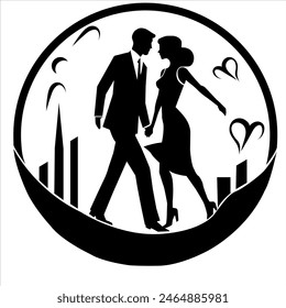 Contour silhouette of a man and woman walking together around the city. The man is wearing a suit and tie, and the woman is wearing a dress. Concept of elegance and sophistication. Vector template in