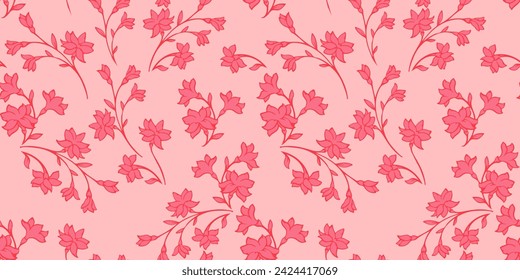 Contour silhouette seamless pattern with branches wild flowers and buds. Abstract red tiny floral stems patterned on a light background. Vector hand drawn sketch. Collage for designs, printing