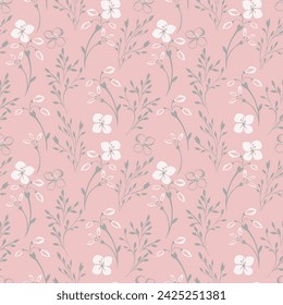 Contour silhouette seamless pattern with tiny gently branches, flowers and buds. Abstract gently floral stems patterned on a pastel pink background. Vector hand drawn sketch. Collage for designs