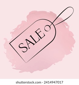 Contour silhouette of a tag with the text sale on a watercolor pastel pink background.
