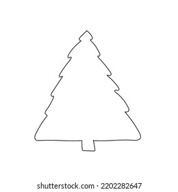 Contour silhouette of tree. Outline hand drawn of Christmas tree. Merry Christmas and Happy New Year vector illustration. Isolated doodle art on white background.