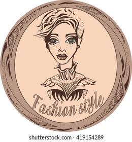 Contour silhouette of a woman with short hair in a beautiful circular frame. Vector illustration. Suitable for fashion label, cover, logo, brochure, etc.