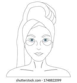 Contour silhouette of a woman with a towel on her head and cosmetic patches under her eyes. Isolated on white background. Vector illustration of the face of a beautiful woman. Outline