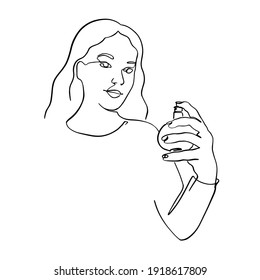 The contour silhouette of a young woman with perfume in her hands. Vector illustration in trendy minimalist style. Care concept, female beauty