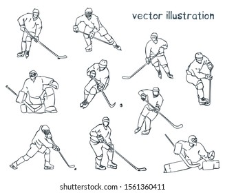 Contour silhouettes of hockey players. Vector set for design