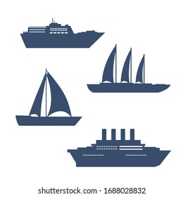 contour silhouettes of images of ships and water transport. vector image