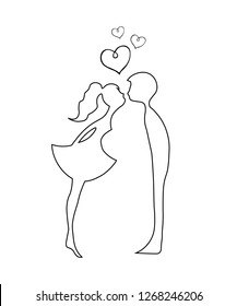 contour Silhouettes of kissing boy and girl. Kissing couple of young lovers . Romantic couple silhouette. Lovers woman and man kissing.