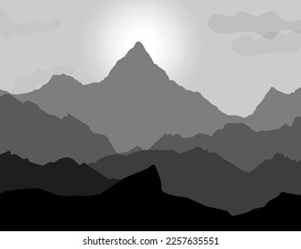 Contour silhouettes of mountains in black and white with rising sun and clouds. Vector illustration.