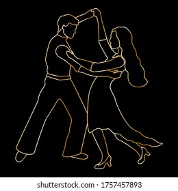Contour silhouettes of a pair of ballroom and latin american dancers isolated on black background. Outline
