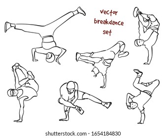 Contour silhouettes set of break dancers. Vector silhouette set on white background.