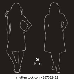 Contour silhouettes with small flowers of two girls thick and slender  on a black background