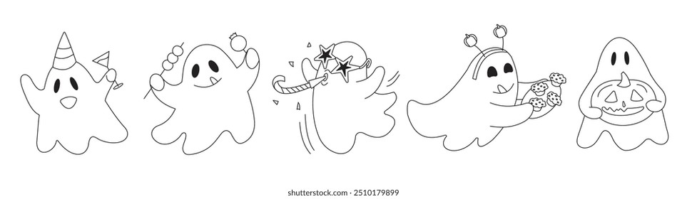 contour simple vector drawing of cheerful ghosts with party things