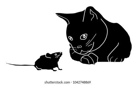 
Contour of a sitting cat and mouse, vector