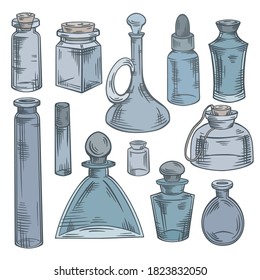 Contour sketch of bottles, flasks and jars with hatching. Containers for perfumes and medicines. Natural medicine. Potions and Alchemy. Vector engraving object for recipes, banners and your design.