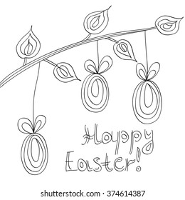 Contour sketch of Easter card with eggs and a branch with leaves on a white background. Vector eps 10.