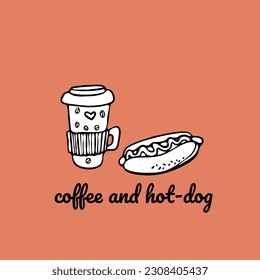 contour sketch of hot dog and cup of coffee on a colored background